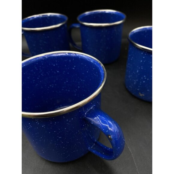 Set Of 4 Metal Enamelware Speckled Blue 3.25” Silver Rim Mug Camping 12oz C - Picture 3 of 9